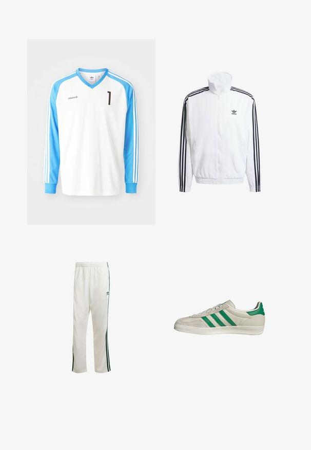 Weißer Zip-Up-Jacke mit hohem Kragen, ausgestattet mit schwarzen Drei-Streifen-Akzenten an den Ärmeln und einem kleinen schwarzen adidas-Logo auf der Brust.; Weißes Langarm-Fußballtrikot mit hellblauen Ärmeln, V-Ausschnitt, schwarzer Nummer "1" und Adidas-Logo auf der Brust und den Ärmeln.; Weiße Sporthose mit grünen Seitenstreifen, elastischem Bund und einem Logo auf der oberen linken Seite. Hergestellt aus leichtem Stoff.; Beige Sneaker mit grünen Streifen, ausgestattet mit einer weißen Sohle und einem Obermaterial aus glattem Leder. Seitenansicht, die die Schnürdetails und das Logo hervorhebt.