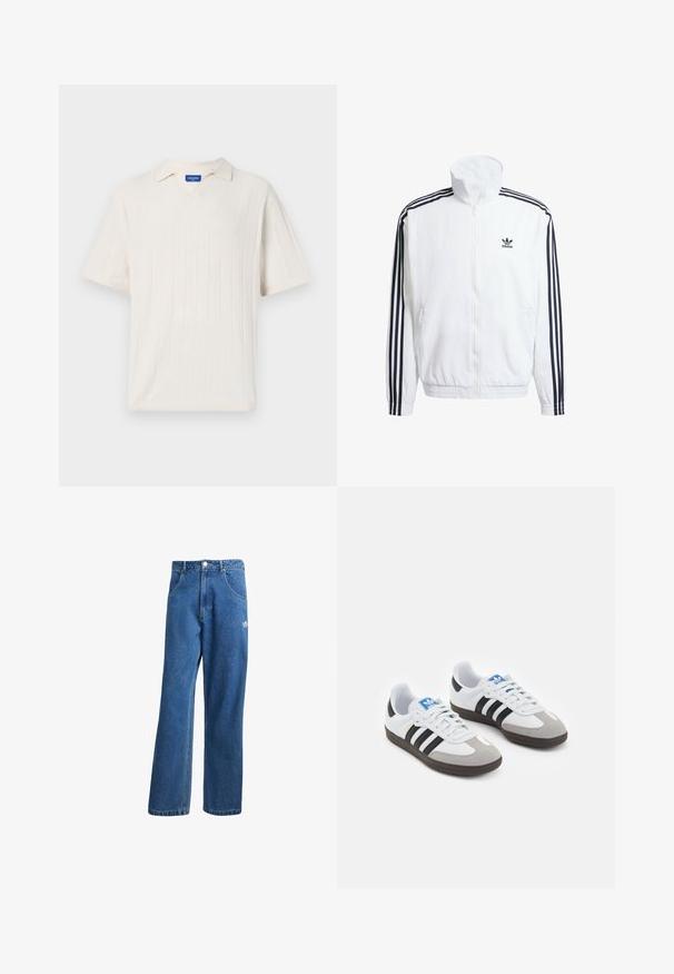 Hvit zip-opp jakke med høy krage, med svarte tre-stripe detaljer på ermene og en liten svart adidas-logo på brystet.; Kortermet, v-hals strikket skjorte i off-white med vertikal ribbet tekstur. Har en myk krage og et avslappet passformdesign.; Blå høyhalsede vide denimjeans med frontlommer, belteholdere, knappelukking og liten Adidas-logo på høyre lår.; Sportssko med en hvit skinnoverdel, grå semsket tå og tre svarte striper. Har en blå logo på tungen og en teksturert gummisåle.