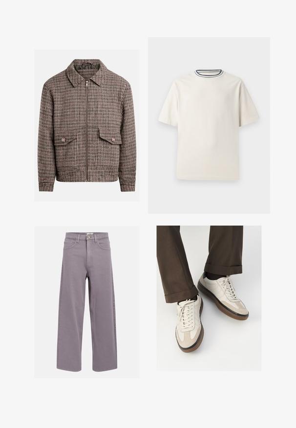 Sako s houndstooth vzorom v odtieňoch hnedej a čiernej, s predným zipsom, dvoma náprsníkovými vreckami a klasickým golierom.; Krémové bavlnené tričko s krátkymi rukávmi, s okrúhlym výstrihom doplneným námorníckymi a bielymi pruhmi. Hladká textúra, voľný strih.; Rovno strihané džíny v levanduľovo-sivej farbe, s prednými a zadnými vreckami, pútkami na opasok a gombíkovým zapínaním v páse.; Béžové tenisky s textúrovanou zamšovou prednou časťou, hladkými koženými bočnými stranami a hnusou gumovou podrážkou. Obsahujú šnúrky a svetlé stehy ako detail.