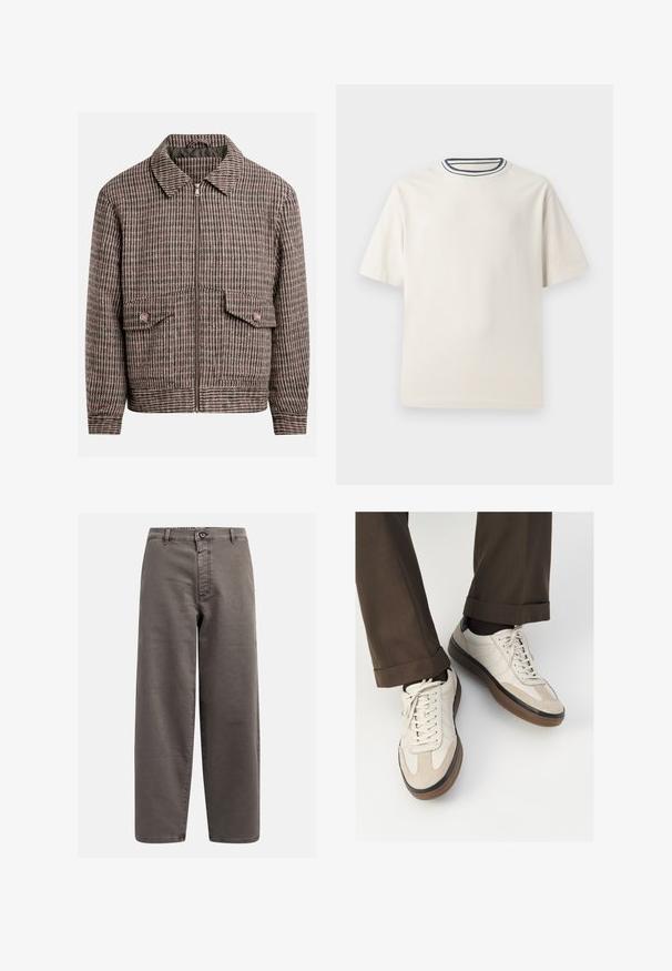 Jakna z vzorcem houndstooth v odtenkih rjave in črne, s sprednjim zadrgo, dvema žepoma na prsih in klasičnim ovratnikom.; Kremasta bombažna majica s kratkimi rokavi, z okroglim izrezom, okrašenim z mornarsko modrimi in belimi črtami. Gladka tekstura, sproščen kroj.; Sive široke hlače iz mešanice bombaža; vključujejo gumb za zapiranje, zanke za pas in sprednje žepke; gladka, trpežna tekstura.; Bež teniske z teksturiranim prednjim delom iz usnja, gladkimi kožnimi stranicami in rjavo gumijasto podplatom. Vključene vezalke in svetla šivana detajla.