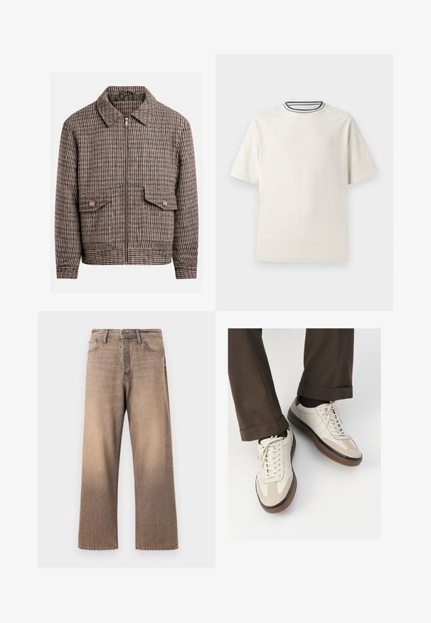 Jakna s uzorkom hounds-tooth u nijansama smeđe i crne, s prednjim zatvaračem, dva džepa na grudima i klasičnim dizajnom ovratnika.; Kremasta pamučna majica s kratkim rukavima, koja ima okrugli izrez naglašen mornarsko plavim i bijelim prugama. Glatka tekstura, ležeran kroj.; Jeans širokih nogavica u gradijentnom smešnom pranju, s klasičnim dizajnom s pet džepova, petljama za remen i kontrastnim šavovima na glatkoj teksturi denima.; Bež tenisice s teksturiranom nubuk prednjom stranom, glatkim kožnim bočnim stranama i smešnim gumenim potplatom. Uključene su vezice i lagani detalji šivanja.