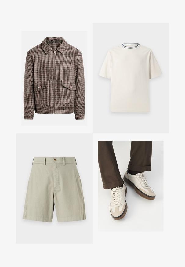 Houndstooth-patterned jacket in shades of brown and black, featuring a front zipper, two chest pockets, and a classic collar design.; Cream-colored cotton t-shirt with short sleeves, featuring a round neckline accented by navy and white stripes. Smooth texture, relaxed fit.; Light beige shorts with a flat front, single metal button closure, and belt loops. Made from a soft cotton blend with a tailored fit.; Beige sneakers with a textured suede front, smooth leather sides, and a brown rubber sole. Laces and light stitching detail included.