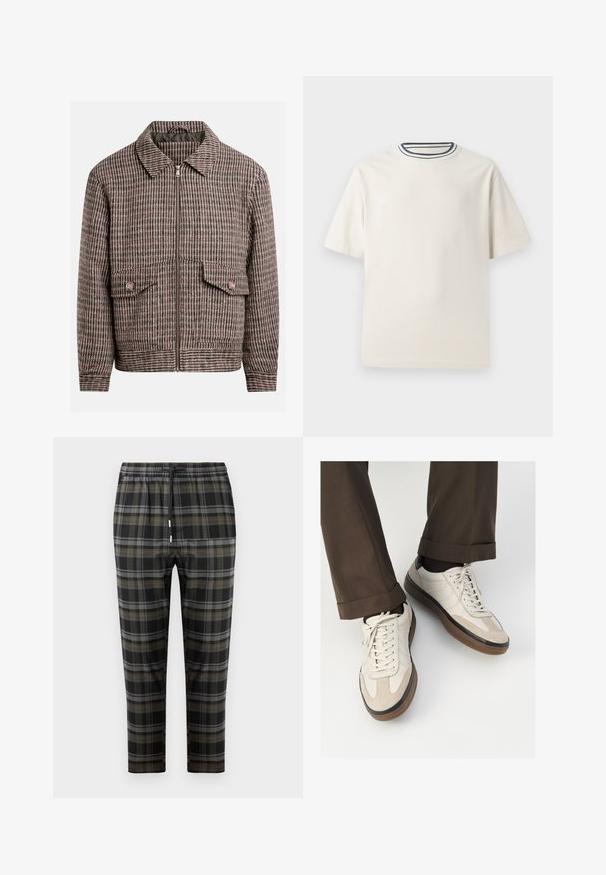Houndstooth-patterned jacket in shades of brown and black, featuring a front zipper, two chest pockets, and a classic collar design.; Cream-colored cotton t-shirt with short sleeves, featuring a round neckline accented by navy and white stripes. Smooth texture, relaxed fit.; Black plaid pants with gray and olive green patterns. Features an elastic waistband with a drawstring and tapered legs. Soft fabric texture.; Beige sneakers with a textured suede front, smooth leather sides, and a brown rubber sole. Laces and light stitching detail included.