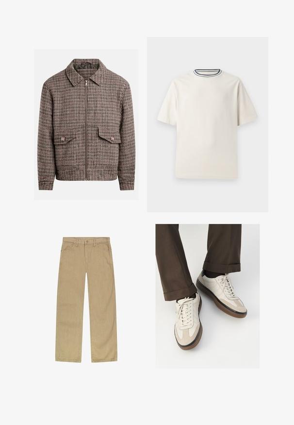 Hundtæppet mønsteret jakke i nuancer af brun og sort, med en frontlynlås, to brystlommer og et klassisk kravedesign.; Cremefarvet bomulds t-shirt med korte ærmer, der har en rund halsåbning accentueret med marineblå og hvide striber. Glat tekstur, afslappet pasform.; Beige bomulds twill bukser med lige ben-design, fem lommer, front lukning med knap og messingfarvede nitter for holdbarhed.; Beige sneakers med en struktureret ruskind front, glatte lædersider og en brun gummisål. Snørebånd og let stikning er inkluderet.