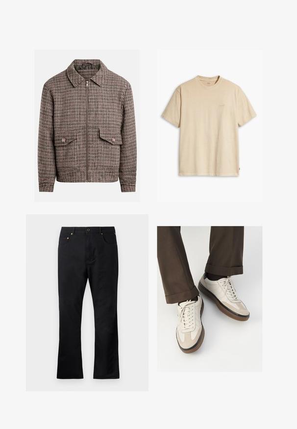 Houndstooth-gepatroneerde jas in bruin- en zwarte tinten, met een voorrits, twee borstzakken en een klassiek kraagontwerp.; Beige katoenen T-shirt met een ronde hals en korte mouwen. Bevat een subtiel 'Levi's' logo in dezelfde kleur op de borst. Zachte textuur.; Zwarte denim broek met een rechte pasvorm, voorzien van voorzakken, een knoopsluiting en accenten in goudkleurige hardware. Gladde textuur.; Beige sneakers met een leren voorkant van textuur-suède, gladde leren zijkanten en een bruine rubberen zool. Veters en lichte stikseldetails inbegrepen.