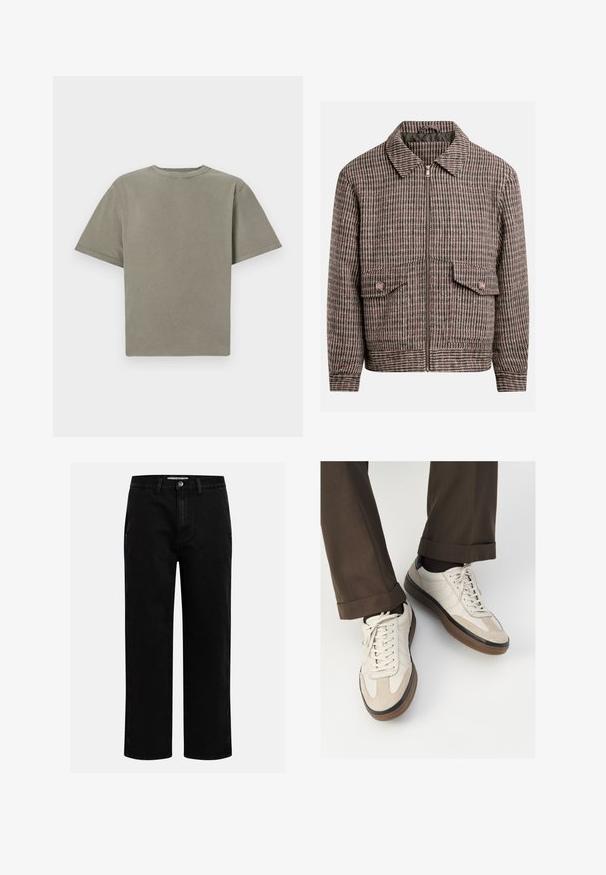 Karelinis šuo raštas ruda ir juoda spalvų striukė, su priekiniais užtrauktukais, dviem krūtinės kišenėmis ir klasikiniu apykaklės dizainu.; Trumpas rankovėmis, apvalia iškirpte marškinėliai ryškią žalią spalvą. Pagaminti iš minkštos medvilnės, turi lygų paviršių ir švarias kraštines. Nėra matomų logotipų ar raštų.; Juodi džinsai su tiesiu kirpimu, klasikinio penkių kišenių dizainu ir mygtuko užsegimu juosmens zonoje. Lygus tekstūras ir patvari medžiaga.; Bežiniai sportbačiai su tekstūruotu zomšinės priekine dalimi, lygiomis odinėmis šoninėmis dalimis ir ruda guminėmis padais. Į komplektą įeina juostelės ir šviesūs siuvimo detalės.