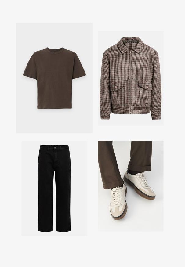 Houndstooth-patterned jacket in shades of brown and black, featuring a front zipper, two chest pockets, and a classic collar design.; Brown cotton t-shirt with short sleeves and a round neckline. Smooth texture, minimalistic design, no patterns or additional details.; Black denim pants with a straight-leg cut, classic five-pocket design, and a button closure at the waist. Smooth texture and durable fabric.; Beige sneakers with a textured suede front, smooth leather sides, and a brown rubber sole. Laces and light stitching detail included.