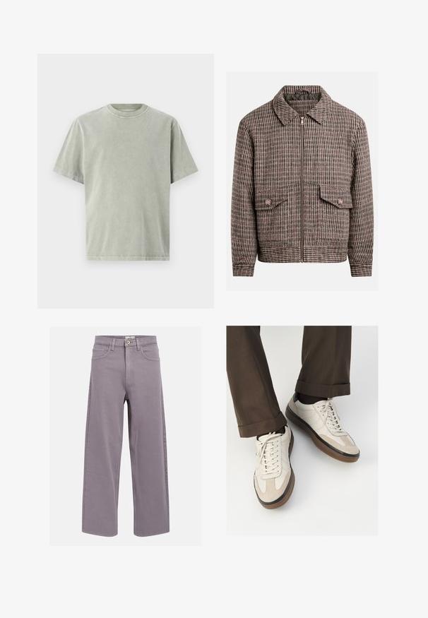 Sako s houndstooth vzorom v odtieňoch hnedej a čiernej, s predným zipsom, dvoma náprsníkovými vreckami a klasickým golierom.; Svetlozelené tričko s krátkym rukávom vyrobené z bavlny. Má kruhový výstrih a voľný strih s jemnou textúrou a viditeľným šitím.; Rovno strihané džíny v levanduľovo-sivej farbe, s prednými a zadnými vreckami, pútkami na opasok a gombíkovým zapínaním v páse.; Béžové tenisky s textúrovanou zamšovou prednou časťou, hladkými koženými bočnými stranami a hnusou gumovou podrážkou. Obsahujú šnúrky a svetlé stehy ako detail.