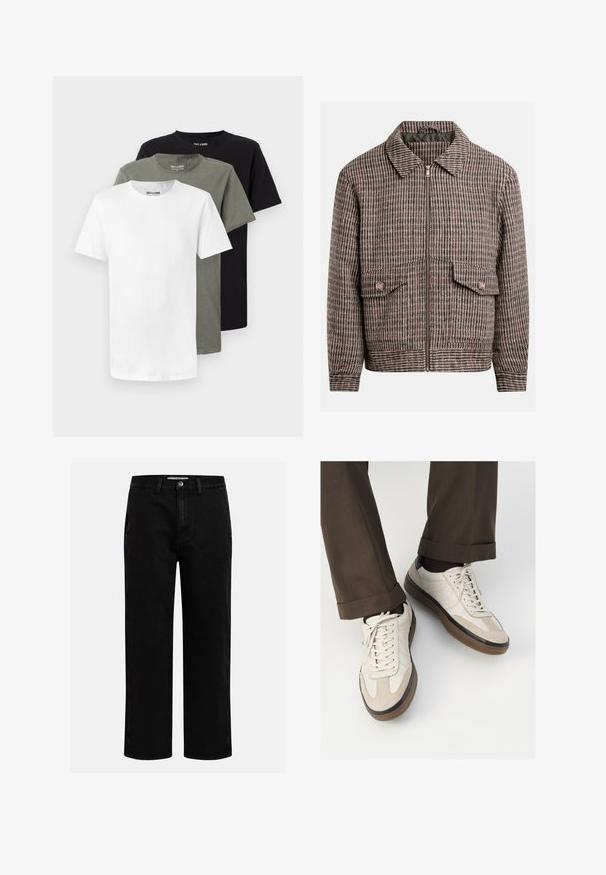 Jakna s uzorkom hounds-tooth u nijansama smeđe i crne, s prednjim zatvaračem, dva džepa na grudima i klasičnim dizajnom ovratnika.; Tri majice s okruglim izrezom u bijeloj, maslinasto zelenoj i crnoj boji. Izrađene od mekog pamuka, s kratkim rukavima i opuštenim krojem.; Crne traperice ravnog kroja s klasičnim dizajnom s pet džepova i kopčanjem na dugme u struku. Glatka tekstura i izdržljiv materijal.; Bež tenisice s teksturiranom nubuk prednjom stranom, glatkim kožnim bočnim stranama i smešnim gumenim potplatom. Uključene su vezice i lagani detalji šivanja.