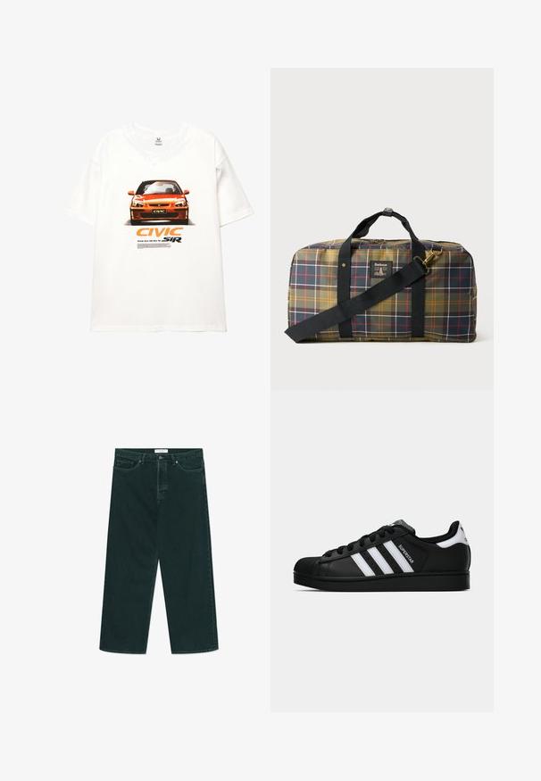 Džínová bunda ve světle modré barvě s knoflíkovým zapínáním, dvěma předními kapsami a vyšitým logem New York Yankees na levé hrudi a rukávu.; Bílý tričko s grafikou červeného Honda Civic, s textem "CIVIC" a "SiR" tučným oranžovým písmem a popisným textem pod obrázkem.; Tmavě zelené široké denimové džíny s knoflíkovým a zipovým zapínáním, předními kapsami a poutky na opasek, položené na bílé ploše.; Černé tenisky Adidas Superstar se bílými pruhy, špičkou ve tvaru skořápky a textem "Superstar" na boku, zobrazené v bočním profilu na bílém pozadí.; Sportovní taška s kostkovaným vzorem, který zahrnuje zelené, žluté, červené a šedé pruhy. Vyrobena z látky, s dvojitými uchy a nastavitelným popruhem.