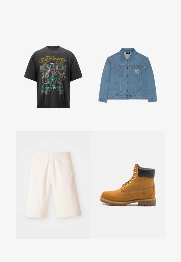 Lys blå denimjakke med knaplukning, to frontlommer og broderet New York Yankees-logo på venstre bryst og ærme.; Sort oversized t-shirt med et farverigt dragegrafik og blomsteraccenter, samt "Ed Hardy" tekst i guld ved halsen.; Cremefarvede bomuldsshorts med elastisk talje, sidelommer og et diskret logo på venstre ben. Glat tekstur og knælængde design.; Tan nubuck ankelstøvle med sort polstret krave, gyldne metaløjer, hvid syning detaljer og robust gummisål med udtalte slidbaner.