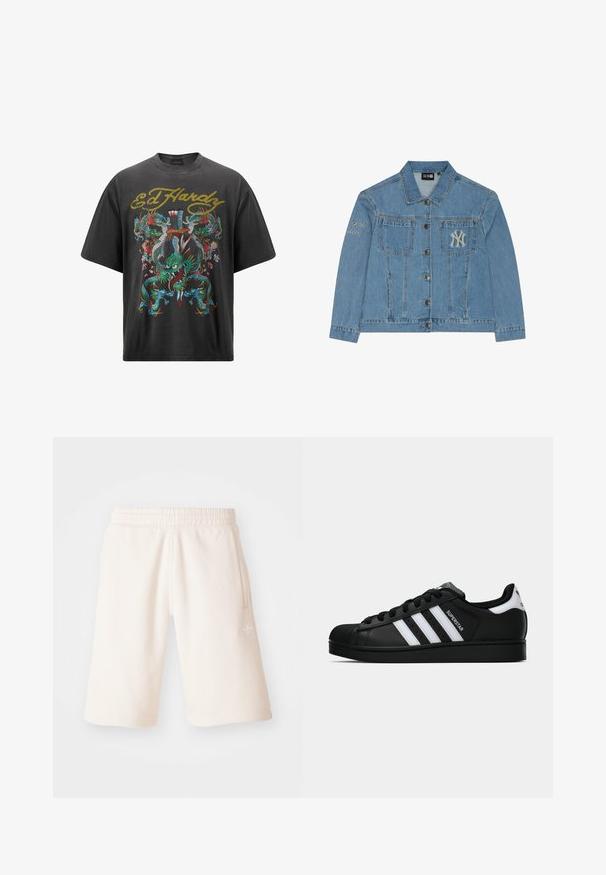 Jeansjacke in Hellblau mit Knopfverschluss, zwei Fronttaschen und gesticktem New York Yankees-Logo auf der linken Brust und dem Ärmel.; Schwarz übergroßes T-Shirt mit einem farbenfrohen Drachengrafik, blumigen Akzenten und goldfarbenem "Ed Hardy"-Text am Kragen.; Cremfarbene Baumwollshorts mit einem elastischen Bund, seitlichen Taschen und einem dezenten Logo am linken Bein. Glatte Textur und knielanges Design.; Schwarzer Adidas Superstar Sneaker mit weißen Streifen, Schalenzehen und "Superstar"-Schriftzug an der Seite, im Seitenprofil auf weißem Hintergrund dargestellt.