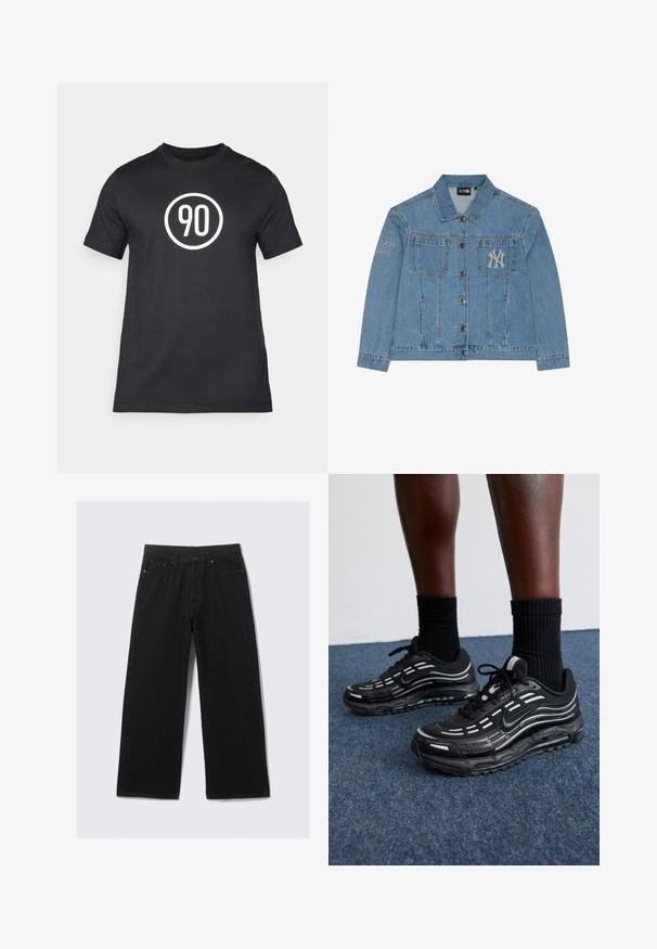 Chaqueta de mezclilla en azul claro con cierre de botón, dos bolsillos frontales y logo bordado de los New York Yankees en el lado izquierdo del pecho y en la manga.; Camiseta de algodón negra con un gráfico circular blanco que tiene el número "90" en el centro. Diseño clásico de cuello redondo, manga corta.; Pantalones de mezclilla negros de pierna ancha, con un diseño clásico de cinco bolsillos y una cinturilla estructurada con trabillas para cinturón.; Las zapatillas Nike negras presentan una parte superior de malla con franjas de acento, cordones texturizados y una suela de goma negra. Se llevan con calcetines negros de canalé.