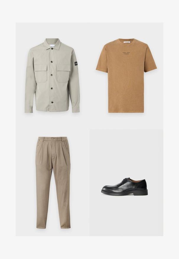 Calvin Klein OVERSHIRT - Nyári dzseki - london fog; Barna pamut póló kerek nyakkivágással, rövid ujjal, elöl fekete szöveggel, amely így olvasható: "SAMSE SAMSE COPENHAGEN".; Beige színű, puha anyagból készült nadrág, laza szabással, pliszírozott elülső résszel, rugalmas derékkal és szűkülő lábszárral.; Fekete bőrből készült férfi cipő lekerekített orral, sima felülettel, fűzőkkel és alacsony, texturált gumitalppal. Tiszta vonalak és letisztult dizájn.