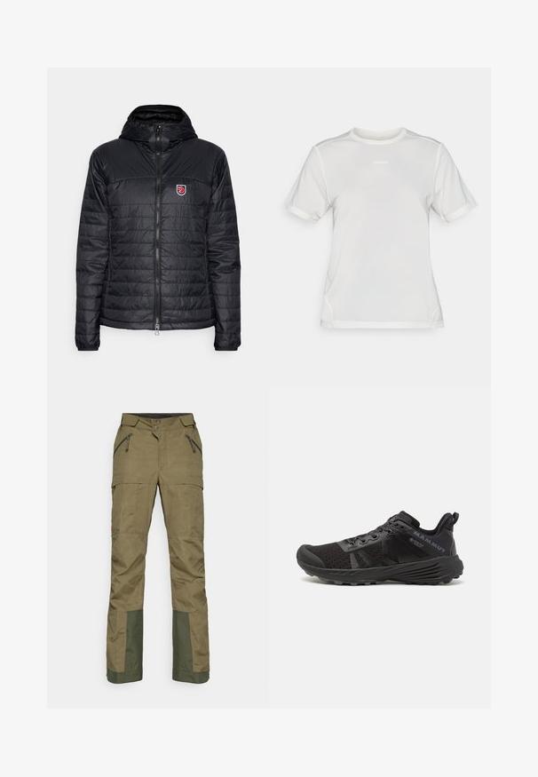 Zwarte pufferjack met capuchon, voorzien van een gestikte textuur, ritssluiting en een klein embleem op de bovenste linkerkant van de borst.; Witte sportieve T-shirt met korte mouwen van mesh, met ronde hals en klein "Salomon" logo gecentreerd op de borst.; Olijfgroene outdoorbroeken met ritszakken, knoopsluiting en versterkt donkerder groen materiaal op de onderbenen voor extra duurzaamheid.; Zwarte hardloopschoen met een gestructureerde mesh bovenkant, versterkte neus en rubberen zool. Voorzien van een vetersysteem en logodetail aan de zijkant.