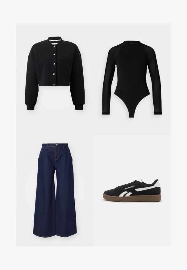 Čierna skrátená mikina s okrúhlym golierom, striebornými cvokmi a prednou vreckom. Vyrobená z mäkkej tkaniny s rebrovanými manžetami.; Čierny dlhý rukáv body s vysokým golierom, s pevným látkovým trupom a priehľadnými sieťovinovými rukávmi, navrhnuté v priliehavom strihu.; Široké tmavé denimové nohavice s vysokým pásom, s kontrastným žltým prešívaním a kovovým zapínaním na prednej strane.; Čierne semišové tenisky s bielymi akcentmi, plochými šnúrkami a hnedou gumovou podrážkou. Obsahujú logo na boku a textúrovaný zvršok pre lepšiu priľnavosť.