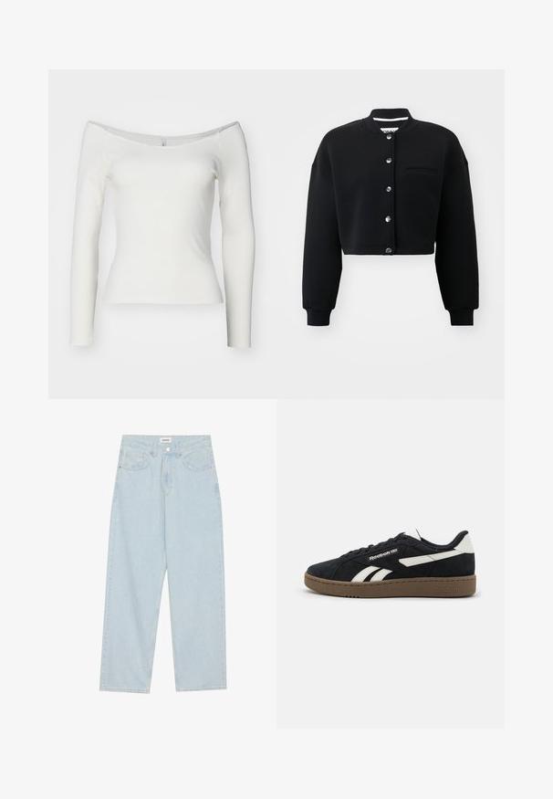 Zwarte cropped sweatshirt met een ronde hals, zilveren drukknoopjes en een voorzak. Gemaakt van zachte stof met ribgebreide boorden.; Witte off-shoulder top met lange mouwen, gemaakt van ribstof. Aansluitend ontwerp met een gladde textuur en een recht afgewerkte zoom.; Lichtblauwe wijde spijkerbroek van denim, met een middellange taille, vijf zakken en een knoopsluiting met een slanke metalen accent.; Zwarte suède sneaker met witte accenten, platte veters en een rubberen bruine zool. Bevat een logo aan de zijkant en een textuur op de bovenkant voor grip.