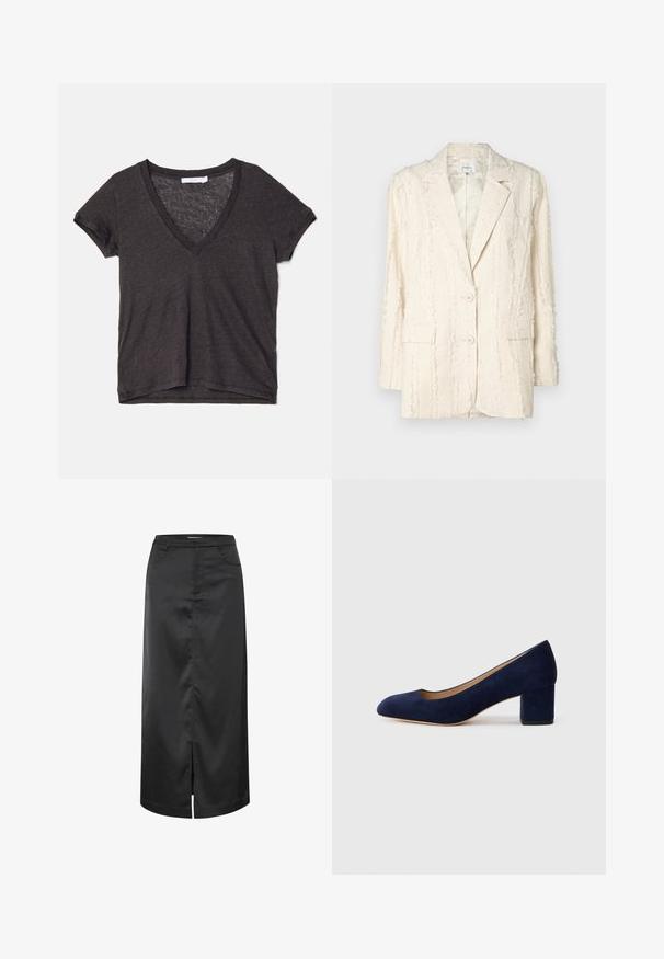 Kreminės spalvos švarkas su tekstūruotu, pūkuotu raštu. Turi dvi sagas, įpjautą apykaklę ir šoninius kišenes. Išklotas vidus.; Tamsiai pilka trumpomis rankovėmis V formos iškirpės marškinėliai, pagaminti iš lengvos, pralaidžios orui medžiagos, su laisvu kirpimu ir subtilia tekstūra.; Juodas satino midi sijonas su lygiu paviršiumi, su aukštu įpjovimu, diržo kilpomis ir dviem priekinėmis kišenėmis tam, kad suteiktų papildomų detalių.; Tamsiai mėlynos zomšos bateliai su smailiu nykščiu ir vidutinio aukščio blokiniu kulnu. Lygi tekstūra su subtiliu blizgesiu ir mažas įpjovimas priekyje.