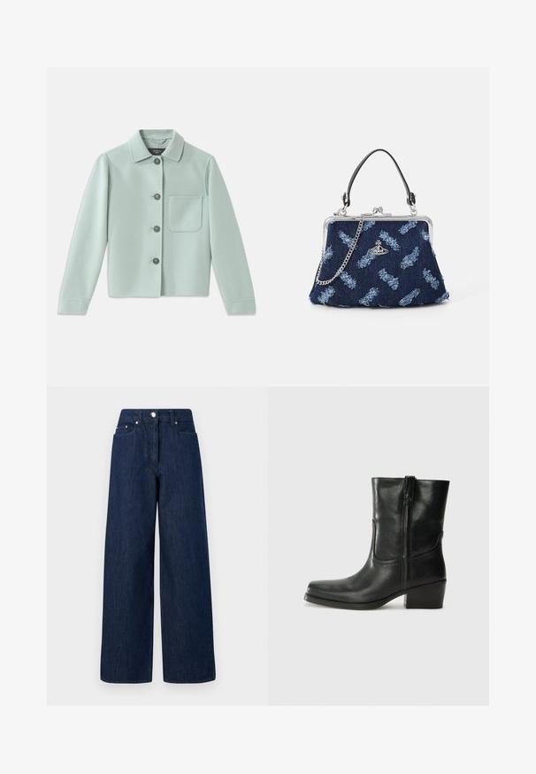 Jachetă de culoare verde mint deschis, realizată dintr-un material moale. Are un guler, cinci nasturi închiși la culoare și un singur buzunar pe piept.; Cămașă albă cu nasturi, confecționată dintr-un material ușor. Prezintă un guler clasic, două buzunare pe piept și o margine din spate puțin mai lungă.; Jeansi evazați, cu talie înaltă, de culoare albastru închis, cu închidere buton, buzunare frontale și mânere pentru curea pe un fundal alb.; Botine din piele neagră, cu vârf rotund, toc pătrat, fermoar pe lateral și accente de cusături pe partea superioară. Textură netedă, design clasic.; Geantă din denim cu un închizător argintiu, curea din lanț și textură florală albastră. Are un mâner negru și modele brodate complicate.
