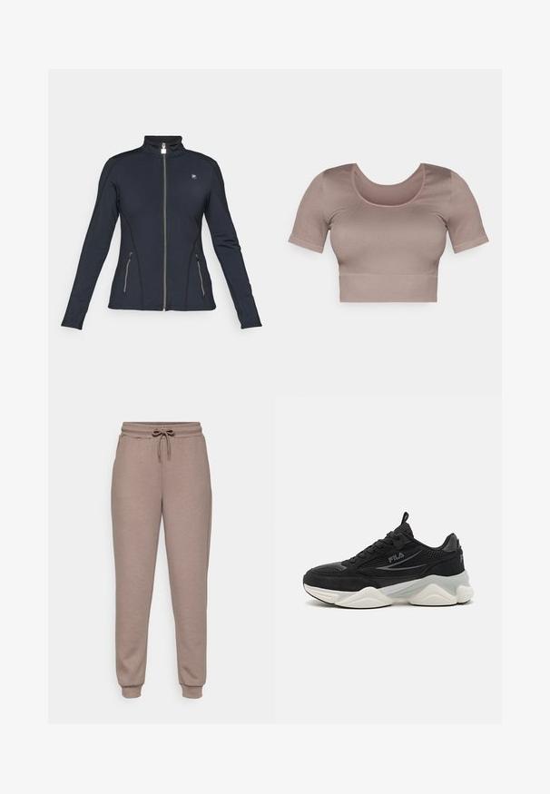 Juodas užtrauktuku užsegamas megztinis su ilgomis rankovėmis, aukštu apykakle, užtrauktuku užsegamomis šoninėmis kišenėmis ir kontrastingais siuvinėjimo akcentais. Pagamintas iš lygios, tamprios medžiagos.; Mauve spalvos trumpas švarkelis su trumpomis rankovėmis, turintis apvalią iškirptę ir tekstūruotą raukšlėtą audinį. Paprastas dizainas be raštų ar puošmenų.; ONLY Play ONPLOUNGE LIFE REG NOOS - Treningo apatinė dalis - brown; Juodi sportiniai bateliai, pagaminti iš tinklinės medžiagos ir zomšo, su storu padu, apvalia forma, subtiliomis pilkomis detalėmis ir prekės ženklu šone.