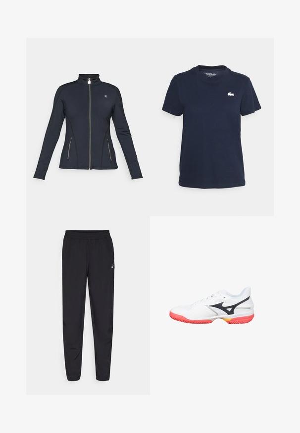 Black zip-up jacket with long sleeves, high collar, zippered side pockets, and contrasting stitching details. Made from a smooth, stretchy fabric.; Navy blue cotton t-shirt with a crew neckline and short sleeves. Features a small white Lacoste logo on the left chest. Soft texture.; Black sports pants featuring an elastic waistband, tapered legs with cuffs, made of a lightweight, smooth material, and a small logo on the thigh.; White athletic shoe with a black logo, breathable mesh upper, textured design, and a pink rubber outsole with yellow accents.