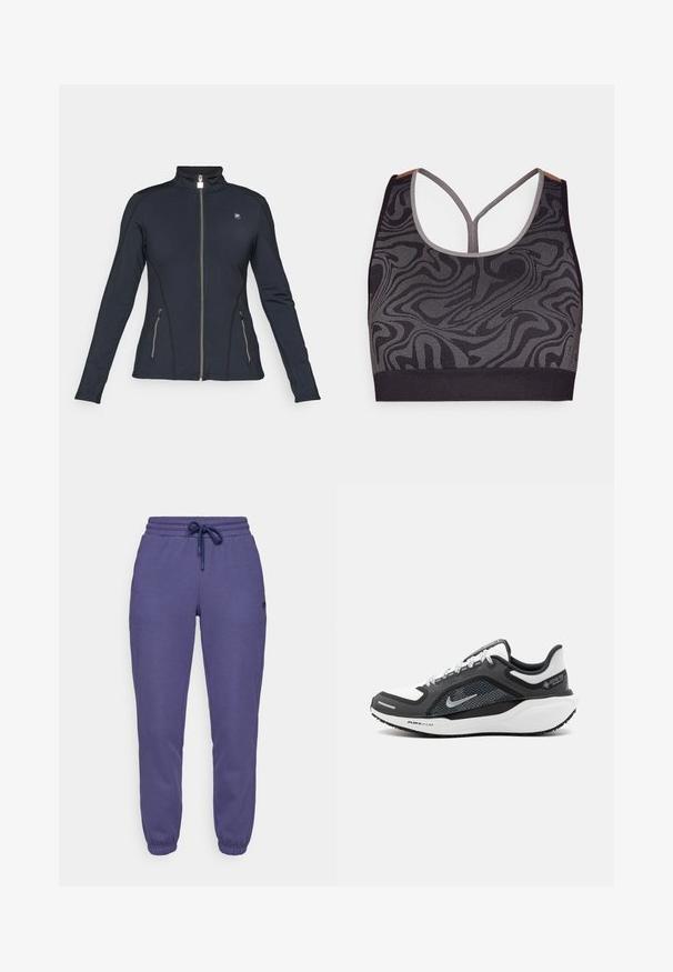 Melna rāvējslēdzēja jaka ar garām piedurknēm, augstu apkakli, rāvējslēdzēja sānu kabatām un atšķirīgu diegu šuvēm. Izgatavota no gludas, elastīgas auduma.; Melna sporta krūšturu ar pelēku vijumu rakstu, ar apaļo kakla izgriezumu un racerback dizainu. Izgatavots no teksturētas adītas auduma.; Violeta sporta bikses, kas izgatavotas no mīksta auduma, ar elastīgu jostu un saistēm, kā arī ar saspiestiem potīšu galiem.; Nike kedas ar melnbaltu krāsu shēmu, elpojošu augšdaļu un sudraba akcentiem. Gumijas zole ar "Air Zoom" zīmolu, teksturēta labākai saķerei.