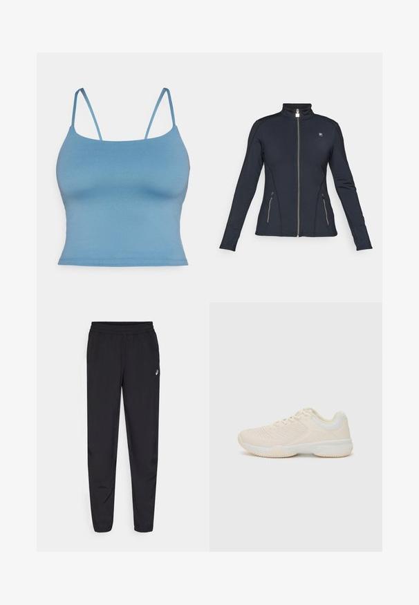 Melna rāvējslēdzēja jaka ar garām piedurknēm, augstu apkakli, rāvējslēdzēja sānu kabatām un atšķirīgu diegu šuvēm. Izgatavota no gludas, elastīgas auduma.; Zila pieguļoša topiņa ar plānām siksnām, izgatavota no gludas stiepjamās auduma. Vienkāršs dizains ar taisnu apakšmalu un bez papildu detaļām.; Melni sporta bikses ar elastīgu jostu, konusveida kājām ar aprocēm, izgatavotas no viegla, gluda materiāla, ar mazu logotipu uz augšstilba.; Gaišbeigā sporta kurpe ar strukturētu virsu, kontrastējošām baltām akcentiem, apaļu purngalu un elastīgu gumijas zoli.