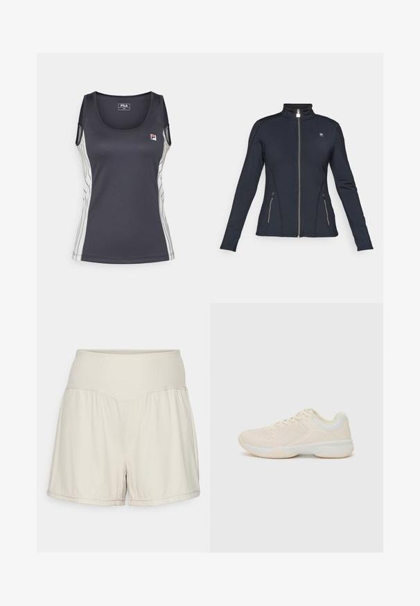 Fekete cipzáras dzseki hosszú ujjakkal, magas gallérral, cipzáras oldalzsebekkel és kontrasztos varrási részletekkel. Simítású, rugalmas anyagból készült.; Fekete ujjatlan top sima anyagból, fehér függőleges csíkokkal az oldalán és egy kis hímzett logóval a mellkasán.; Világos bézs rövidnadrág, struktúrált bordás derékkal, laza szabással és áramló kialakítással. Varrott szegélyekkel és oldalsó hasítékokkal a rugalmasság érdekében.; Világos bézs színű sportcipő, texturált felsőrésszel, kontrasztos fehér részletekkel, kerek orral és rugalmas gumitalppal.