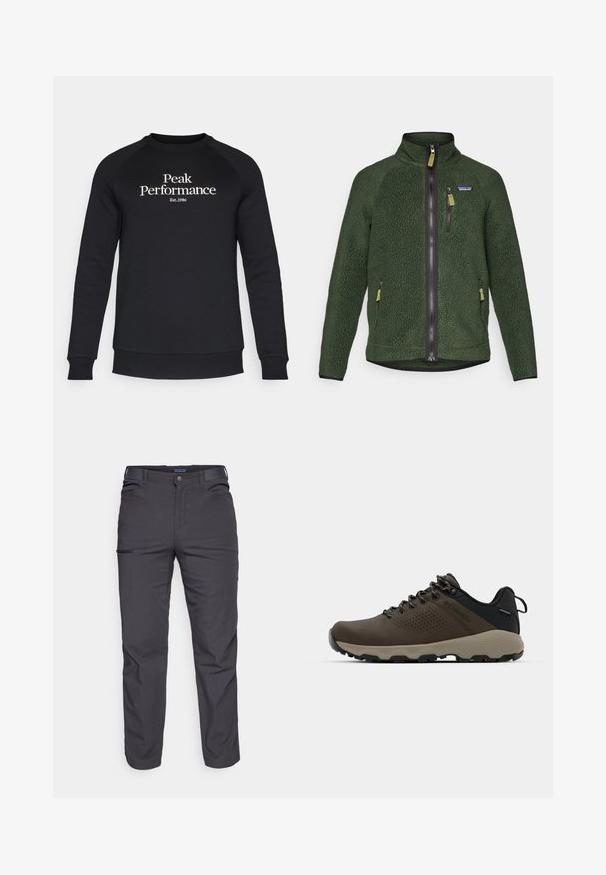 Giacca in pile verde scuro con zip frontale e sulla parte del petto, tasche laterali con zip e un piccolo logo del marchio sul lato sinistro del petto.; Peak Performance ORIGINAL CREW-BLACK-OFFWHITE - Felpa - black/offwhite; Pantaloni grigi scuri realizzati in tessuto resistente, dotati di tasca con zip, taglio dritto e passanti per cintura per una vestibilità regolabile.; Sneakers impermeabili marroni con tomaia testurizzata, dettagli perforati, supporto al tallone nero e suola in gomma grigia. I lacci sono decorati con estremità metalliche.