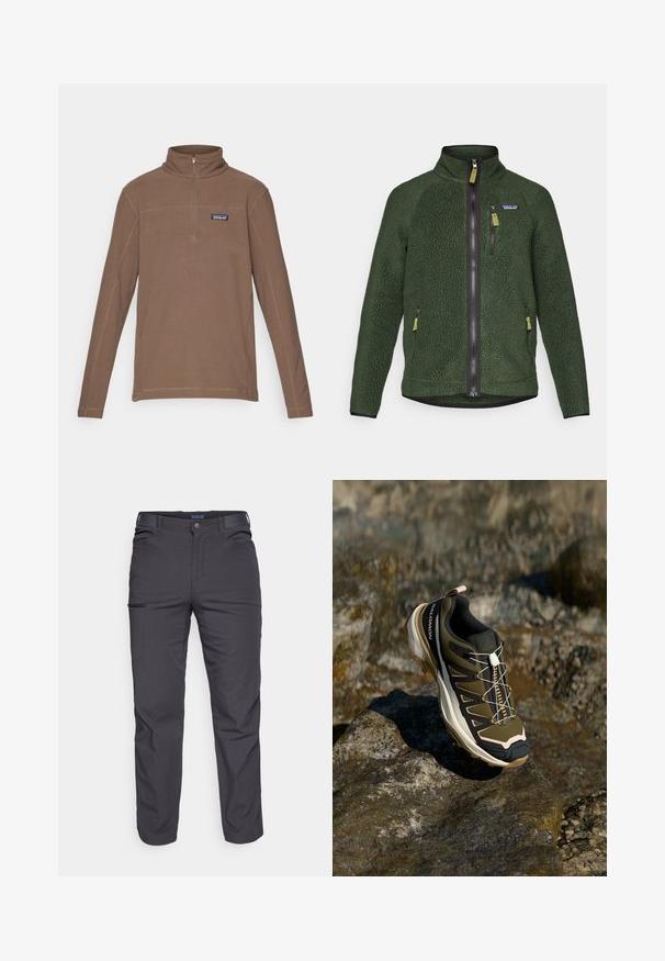 Giacca in pile verde scuro con zip frontale e sulla parte del petto, tasche laterali con zip e un piccolo logo del marchio sul lato sinistro del petto.; Pullover in pile marrone con zip al collo, maniche lunghe e colletto aderente. Presenta una piccola etichetta con logo sul lato sinistro del petto.; Pantaloni grigi scuri realizzati in tessuto resistente, dotati di tasca con zip, taglio dritto e passanti per cintura per una vestibilità regolabile.; Scarpe da escursionismo in verde oliva e nero con dettagli rosa. Presentano una parte superiore testurizzata, suola flessibile, puntale rinforzato e un vivace sistema di allacciatura.