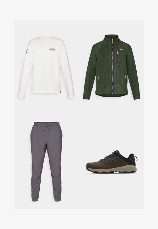 Chaqueta de forro polar verde oscuro con cremallera completa en el frente y en el pecho, bolsillos laterales con cremallera y un pequeño logotipo de la marca en el lado izquierdo del pecho.; Camisa blanca de manga larga hecha de algodón suave, que presenta un logo de Patagonia multicolor en el pecho y un logo circular en la manga.; Pantalones grises, ligeros, con cintura elástica y cordón ajustable; piernas ajustadas; textura suave; incluye detalle de logo en un lado.; Zapatillas impermeables marrones con parte superior texturizada, acentos perforados, soporte para el talón negro y suela de goma gris. Los cordones tienen extremos metálicos.