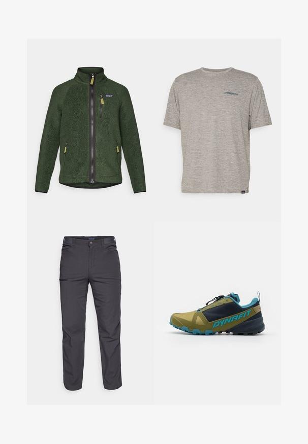 Giacca in pile verde scuro con zip frontale e sulla parte del petto, tasche laterali con zip e un piccolo logo del marchio sul lato sinistro del petto.; T-shirt grigio a maniche corte realizzato in un morbido tessuto di texture, con un piccolo logo blu di Patagonia sul lato sinistro del petto. Senza ulteriori fantasie.; Pantaloni grigi scuri realizzati in tessuto resistente, dotati di tasca con zip, taglio dritto e passanti per cintura per una vestibilità regolabile.; Scarpa da trail running in verde oliva e blu navy, caratterizzata da una tomaia testurizzata, accenti blu, un sistema di allacciatura sicuro e una suola robusta per una buona aderenza.