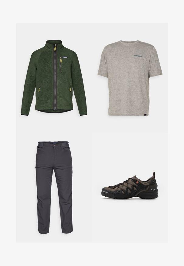 Tmavě zelená fleecová bunda s plným předním a hrudním zipem, bočními zipovými kapsami a malým logem značky na levé části hrudi.; Šedé tričko s krátkým rukávem vyrobené z měkké, texturované látky, se malým modrým logem Patagonia na levé straně hrudi. Žádné další vzory.; Tmavě šedé kalhoty vyrobené z odolné tkaniny, s kapsou na zip, rovný střih a s poutky na opasek pro nastavitelné nošení.; Hnědé a černé turistické boty se robustní podrážkou, texturovaným svrškem a oranžovými tkaničkami. Navrženy pro stabilitu a přilnavost.