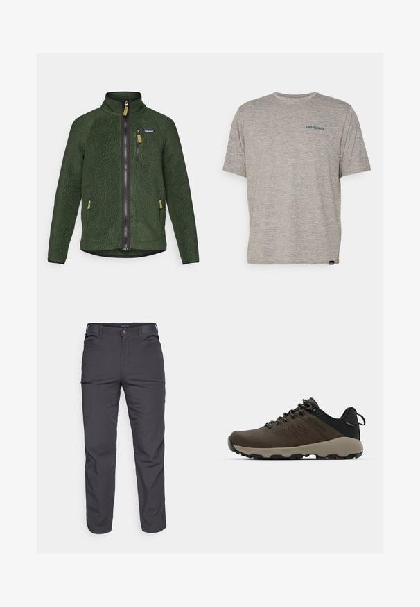 Temno zelena flis jakna z zadrgo po celotni sprednji strani in na prsih, stranskimi žepi z zadrgo ter majhnim logotipom blagovne znamke na levi strani prsnega dela.; Siva majica s kratkimi rokavi iz mehkega, strukturiranega blaga, na levi strani prsnega dela z majhnim modrim logotipom Patagonia. Brez dodatnih vzorcev.; Temno sivi hlače iz trpežnega materiala, ki vsebujejo žep na zadrgo, ravno krojenje in zanke za pas za prilagodljivo prileganje.; Rjave vodoodporne superge z teksturiranim zgornjim delom, perforiranimi detajli, črno podporo za peto in sivo gumijasto podlogo. Šnure imajo metalne konice.