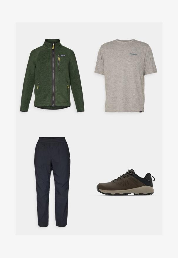 Mörkgrön fleecejacka med full front- och bröstdragkedja, sidofickor med dragkedja och en liten logotyp på vänster bröst.; Grå kortärmad t-shirt i mjukt, strukturerat tyg med en liten blå Patagonia-logotyp på vänster bröst. Inga ytterligare mönster.; Svarta, lätta, vattenavvisande byxor med elastisk midja, rakt ben-design och två snedställda sidofickor.; Bruna vattentåliga sneakers med en strukturerad ovandel, perforerade detaljer, svart hälstöd och en grå gummisula. Snörningen har metalliska ändar.