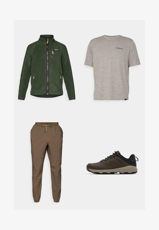 Mørkegrønn fleecejakke med full front- og brystglidelås, sidelommer med glidelås og en liten merkevarelogo på venstre bryst.; Grå kortermet t-skjorte laget av mykt, teksturert stoff med en liten blå Patagonia-logo på venstre bryst. Ingen ekstra mønstre.; Brune joggesbukser med elastisk liv og snøring, med tapered ben og subtil glans, laget av lett, glatt stoff.; Brune vanntette joggesko med teksturert overdel, perforerte detaljer, svart hæl støtte og en grå gummisåle. Snøring er stilisert med metalliske ender.
