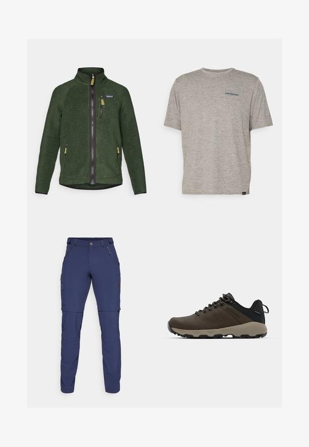Tumši zaļš flīsa džemperis ar pilnu priekšējo un krūšu rāvējslēdzēju, sānu rāvējslēdzēja kabatām un mazu zīmola logotipu kreisajā krūtīs.; Pelēka īsām piedurknēm kreks, kas izgatavots no mīkstas teksturētas auduma, ar mazu zilu Patagonia logotipu kreisajā krūtī. Bez papildu rakstiem.; Jūras spēku ārējās bikses, izgatavotas no elastīga auduma, ar rāvējslēdzēja kabatām, regulējamiem aprocēm un sānu kravas kabatu.; Brūni ūdensnecaurlaidīgi sporta apavi ar teksturētu virsu, perforētiem akcentiem, melnu papēža atbalstu un pelēku gumijas zoli. Šņores veidotas ar metāliskiem galiem.