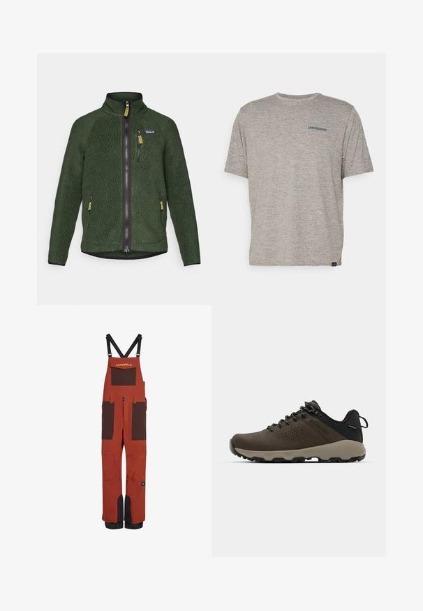 Dunkelgrüne Fleecejacke mit einem vollständigen Reißverschluss vorne und auf der Brust, seitlichen Reißverschlusstaschen und einem kleinen Markenlogo auf der linken Brust.; Graues T-Shirt mit kurzen Ärmeln, aus weichem, strukturiertem Stoff, mit einem kleinen blauen Patagonia-Logo auf der linken Brust. Keine zusätzlichen Muster.; Rote wasserdichte Latzhosen mit braunen Akzenten, verstellbaren Trägern, mehreren Taschen und verstärkten Säumen für Langlebigkeit.; Braune wasserdichte Sneakers mit einer strukturierten Oberseite, perforierten Akzenten, schwarzem Fersenschutz und einer grauen Gummisohle. Die Schnürsenkel sind mit metallischen Enden gestaltet.