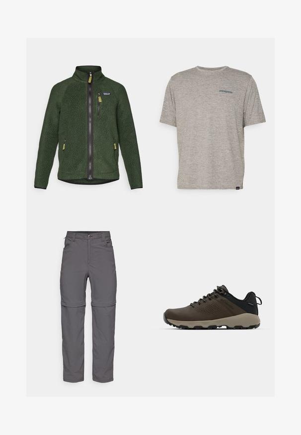 Dark green fleece jacket with full front and chest zipper, side zip pockets, and a small brand logo on the left chest.; Gray short-sleeve t-shirt made of soft, textured fabric featuring a small blue Patagonia logo on the left chest. No additional patterns.; Gray zip-off pants with a smooth texture, featuring a button closure, front pockets, and adjustable cuffs for a versatile style.; Brown waterproof sneakers with a textured upper, perforated accents, black heel support, and a grey rubber sole. Laces are styled with metallic ends.