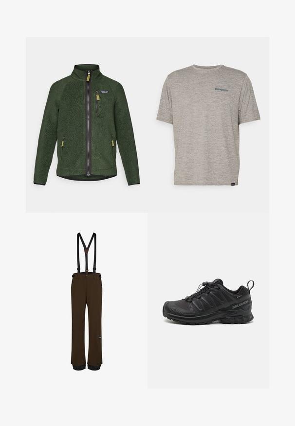 Chaqueta de forro polar verde oscuro con cremallera completa en el frente y en el pecho, bolsillos laterales con cremallera y un pequeño logotipo de la marca en el lado izquierdo del pecho.; Camiseta gris de manga corta hecha de una tela suave y texturizada, que presenta un pequeño logotipo azul de Patagonia en el lado izquierdo del pecho. Sin patrones adicionales.; Pantalones de snowboard marrones con tirantes negros ajustables, bolsillos con cremallera, dobladillos reforzados y un parche de logo en el muslo.; Zapatilla deportiva negra con parte superior sintética texturizada, suela acolchada y sistema de lazado rápido. Cuenta con puntera y talón reforzados.