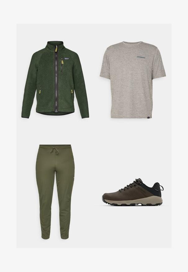 Temno zelena flis jakna z zadrgo po celotni sprednji strani in na prsih, stranskimi žepi z zadrgo ter majhnim logotipom blagovne znamke na levi strani prsnega dela.; Siva majica s kratkimi rokavi iz mehkega, strukturiranega blaga, na levi strani prsnega dela z majhnim modrim logotipom Patagonia. Brez dodatnih vzorcev.; Olive zelena, lahka hlače z elastičnim pasom in nastavljivo vrvico. Ima stranske žepe in zasnovo zoženih hlačnic. Gladko teksturo.; Rjave vodoodporne superge z teksturiranim zgornjim delom, perforiranimi detajli, črno podporo za peto in sivo gumijasto podlogo. Šnure imajo metalne konice.