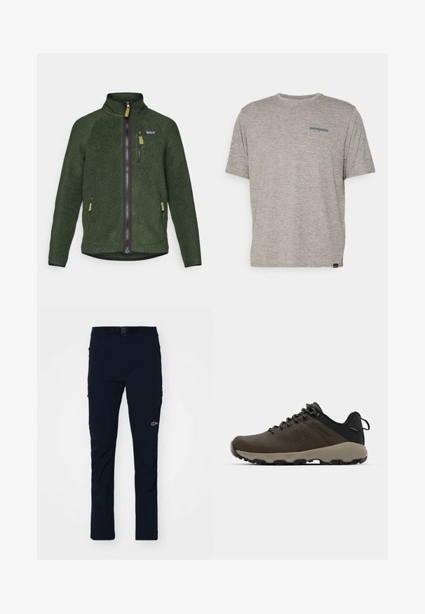 Temno zelena flis jakna z zadrgo po celotni sprednji strani in na prsih, stranskimi žepi z zadrgo ter majhnim logotipom blagovne znamke na levi strani prsnega dela.; Siva majica s kratkimi rokavi iz mehkega, strukturiranega blaga, na levi strani prsnega dela z majhnim modrim logotipom Patagonia. Brez dodatnih vzorcev.; Berghaus TRAIL EXPLORER PANT - Hlače za na prostem - black; Rjave vodoodporne superge z teksturiranim zgornjim delom, perforiranimi detajli, črno podporo za peto in sivo gumijasto podlogo. Šnure imajo metalne konice.