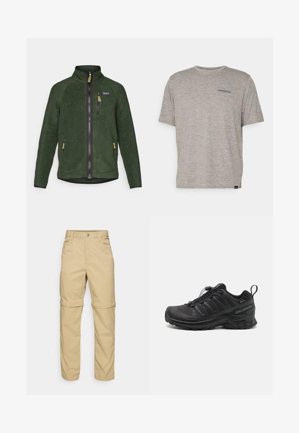 Σκούρο πράσινο φλις μπουφάν με πλήρη μπροστινό και θηκάκι στον θώρακα, πλαϊνές τσέπες με φερμουάρ και ένα μικρό λογότυπο μάρκας στο αριστερό θώρακα.; Γκρι κοντομάνικο T-shirt φτιαγμένο από μαλακό, υφασματοποιημένο υλικό με μικρό μπλε λογότυπο Patagonia στο αριστερό στήθος. Χωρίς επιπλέον μοτίβα.; Μπεζ παντελόνια με φερμουάρ που έχουν λεία υφή, διαθέτουν δύο πλαϊνές τσέπες, κλείσιμο με κουμπί και μανσέτες που αναδιπλώνονται για μεγαλύτερη ευελιξία.; Μαύρο αθλητικό παπούτσι με υφασμάτινη εξωτερική επιφάνεια, μαλακή σόλα και σύστημα γρήγορης δέσης. Έχει ενισχυμένη μύτη και φτέρνα.