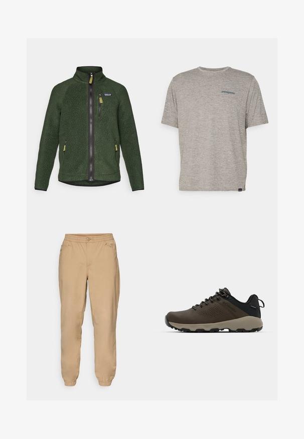 Temno zelena flis jakna z zadrgo po celotni sprednji strani in na prsih, stranskimi žepi z zadrgo ter majhnim logotipom blagovne znamke na levi strani prsnega dela.; Siva majica s kratkimi rokavi iz mehkega, strukturiranega blaga, na levi strani prsnega dela z majhnim modrim logotipom Patagonia. Brez dodatnih vzorcev.; Bež jogger hlače z elastičnim pasom, gumbom za zapiranje, stranskima žepoma in elastičnimi manšetami.; Rjave vodoodporne superge z teksturiranim zgornjim delom, perforiranimi detajli, črno podporo za peto in sivo gumijasto podlogo. Šnure imajo metalne konice.