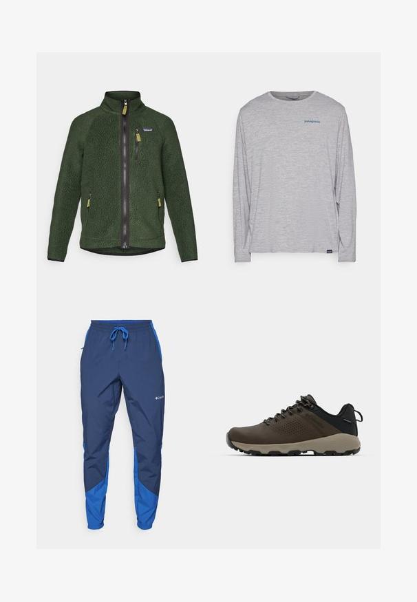 Mørkegrønn fleecejakke med full front- og brystglidelås, sidelommer med glidelås og en liten merkevarelogo på venstre bryst.; Lys grå langermet t-skjorte laget av myk, teksturert stoff. Har rund hals og en liten blå Patagonia-logo på brystet.; Columbia COLUMBIA TECH™ PANT - Friluftsbukser - collegiate navy; Brune vanntette joggesko med teksturert overdel, perforerte detaljer, svart hæl støtte og en grå gummisåle. Snøring er stilisert med metalliske ender.