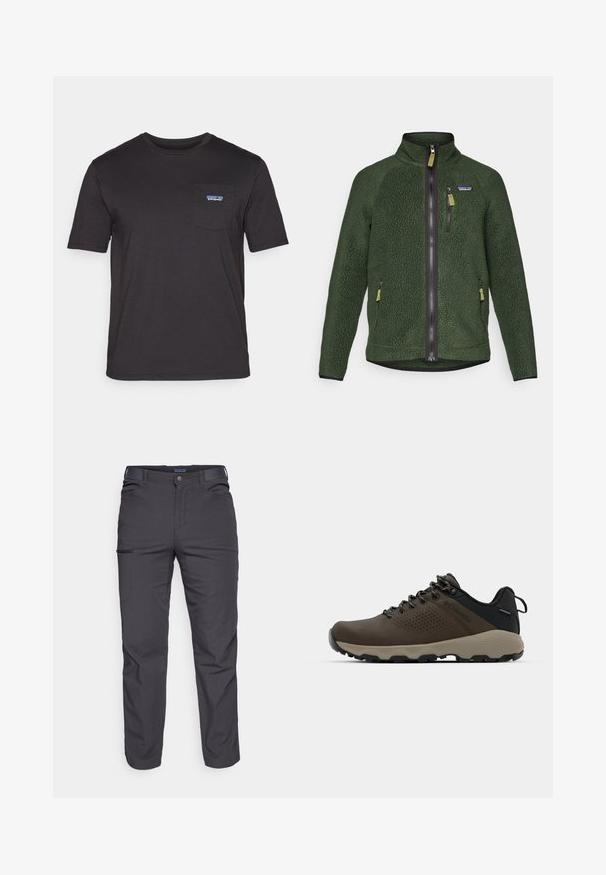 Casaco de polar verde-escuro com fecho frontal e no peito, bolsos laterais com fecho e um pequeno logótipo da marca no lado esquerdo do peito.; T-shirt preta de mangas curtas feita de algodão, com um bolso no peito e o logo azul da Patagonia do lado esquerdo.; Calças cinza-escuras feitas de um tecido durável, com um bolso com fecho éclair, corte reto e passantes para cinto para um ajuste ajustável.; Ténis impermeáveis castanhos com um upper texturizado, detalhes perfurados, apoio para o calcanhar preto e uma sola de borracha cinza. Os atacadores têm extremidades metálicas.