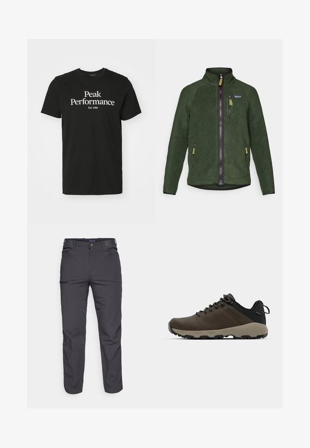 Mørkegrønn fleecejakke med full front- og brystglidelås, sidelommer med glidelås og en liten merkevarelogo på venstre bryst.; Svart bomull t-skjorte med hvit grafisk trykk som sier "Peak Performance Est. 1986." Rund hals og korte ermer.; Mørkegrå bukser laget av slitesterkt stoff, med glidelåslomme, rett snitt og beltestropper for justerbar passform.; Brune vanntette joggesko med teksturert overdel, perforerte detaljer, svart hæl støtte og en grå gummisåle. Snøring er stilisert med metalliske ender.