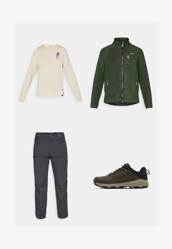 Casaco de polar verde-escuro com fecho frontal e no peito, bolsos laterais com fecho e um pequeno logótipo da marca no lado esquerdo do peito.; Camisa bege de manga longa da Patagonia com um pequeno logótipo azul e vermelho no lado superior esquerdo do peito, apresentando um design estilizado e texto.; Calças cinza-escuras feitas de um tecido durável, com um bolso com fecho éclair, corte reto e passantes para cinto para um ajuste ajustável.; Ténis impermeáveis castanhos com um upper texturizado, detalhes perfurados, apoio para o calcanhar preto e uma sola de borracha cinza. Os atacadores têm extremidades metálicas.