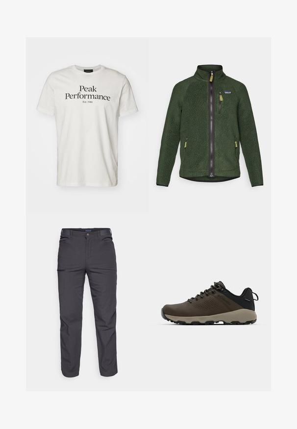Dark green fleece jacket with full front and chest zipper, side zip pockets, and a small brand logo on the left chest.; Peak Performance ORIGINAL TEE - Print T-shirt - offwhite/black; Dark gray trousers made of durable fabric, featuring a zippered pocket, straight cut, and belt loops for adjustable fit.; Brown waterproof sneakers with a textured upper, perforated accents, black heel support, and a grey rubber sole. Laces are styled with metallic ends.