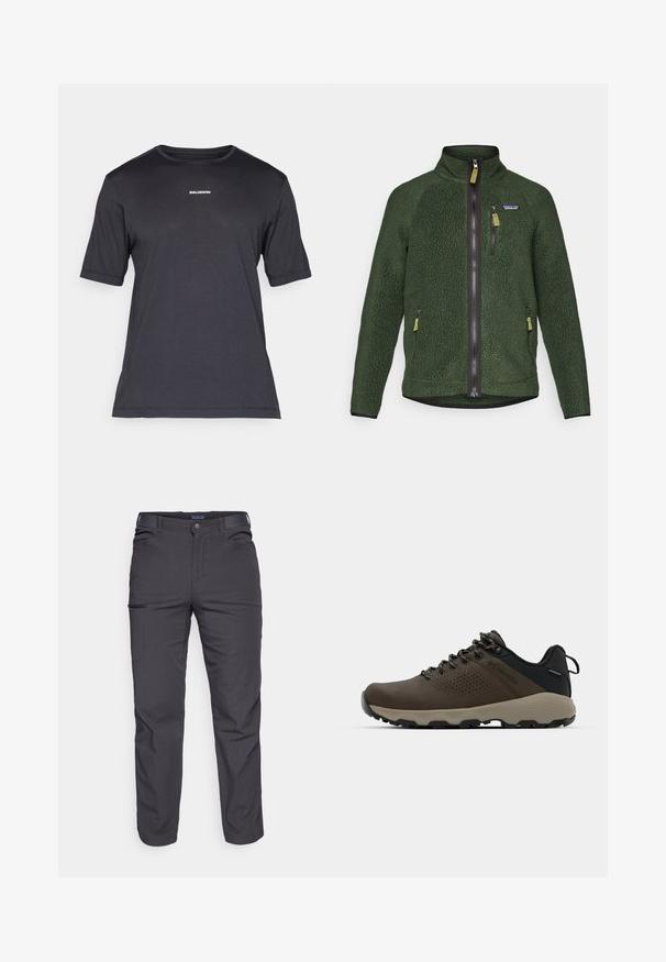 Chaqueta de forro polar verde oscuro con cremallera completa en el frente y en el pecho, bolsillos laterales con cremallera y un pequeño logotipo de la marca en el lado izquierdo del pecho.; Camiseta de rendimiento de manga corta negra, hecha de tejido transpirable, con cuello redondo y pequeño logo blanco "SALOMON" en el pecho.; Pantalones oscuros de color gris, hechos de un tejido duradero, que cuentan con un bolsillo con cremallera, corte recto y trabillas para cinturón para un ajuste ajustable.; Zapatillas impermeables marrones con parte superior texturizada, acentos perforados, soporte para el talón negro y suela de goma gris. Los cordones tienen extremos metálicos.